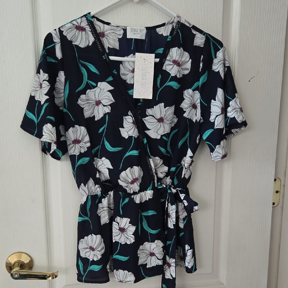 Sienna  Sky Navy and White Floral Wrap Blouse